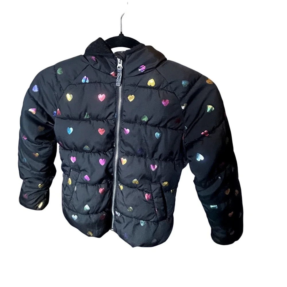 Kids Old Navy Black Puffer Jacket Rainbow‎ Metallic Hearts Size M 8